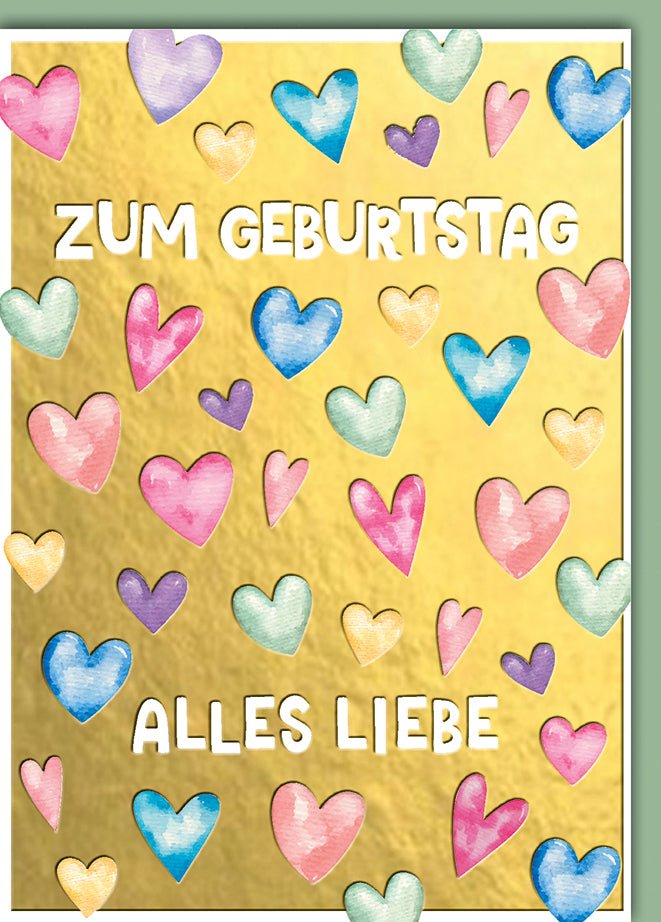 Geburtstagskarte Frauen – Bunte Aquarellherzen auf Goldfolie mit Liebevollen Wünschen