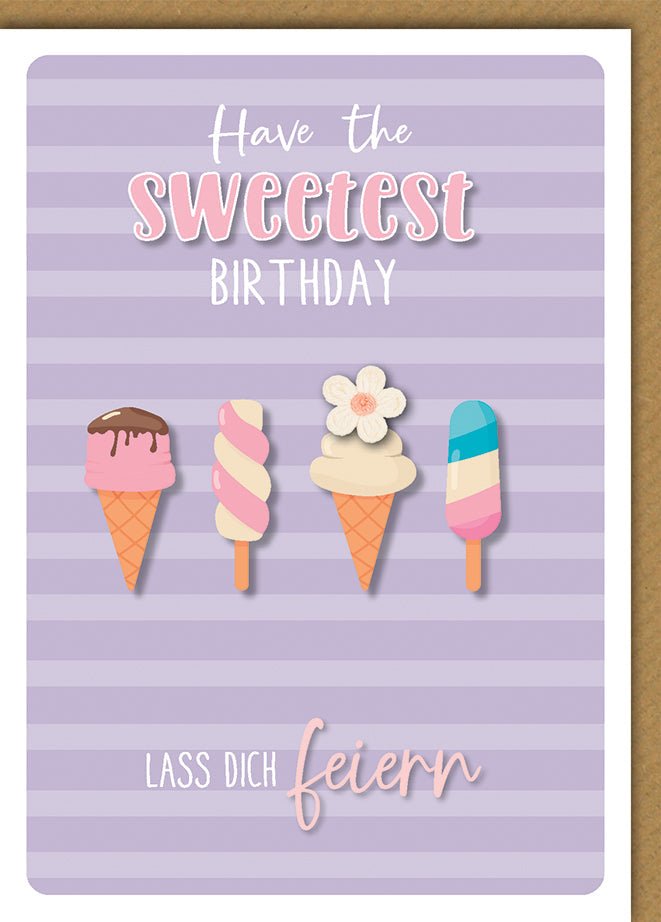 Geburtstagskarte Frauen – Eiscreme - Motive auf lila Streifen mit verspieltem Text