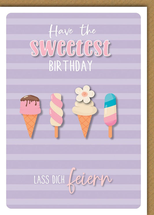 Geburtstagskarte Frauen – Eiscreme - Motive auf lila Streifen mit verspieltem Text