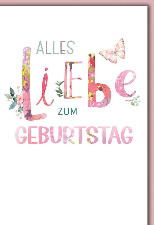 Geburtstagskarte Frauen – Florale Buchstaben mit Schmetterling und zarten Pastelltönen