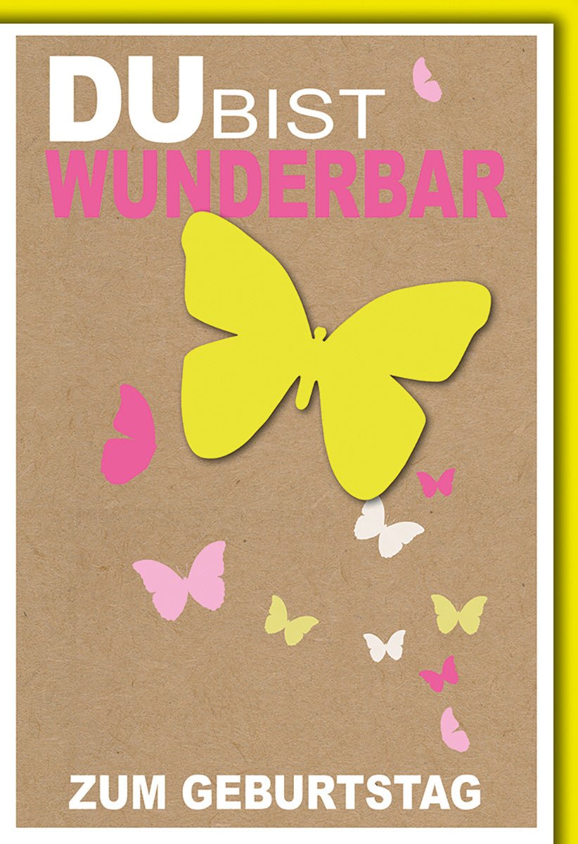Geburtstagskarte Frauen – Gelber Schmetterling auf Kraftpapier mit Pastellakzenten