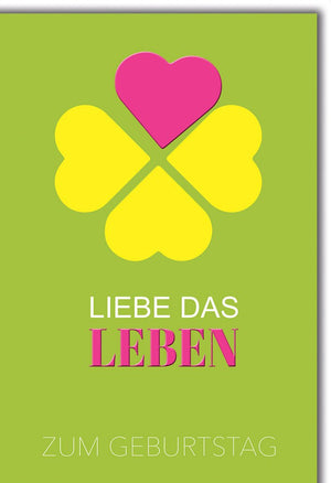 Geburtstagskarte Frauen – Kleeblatt mit Herzen und lebendigen Farben