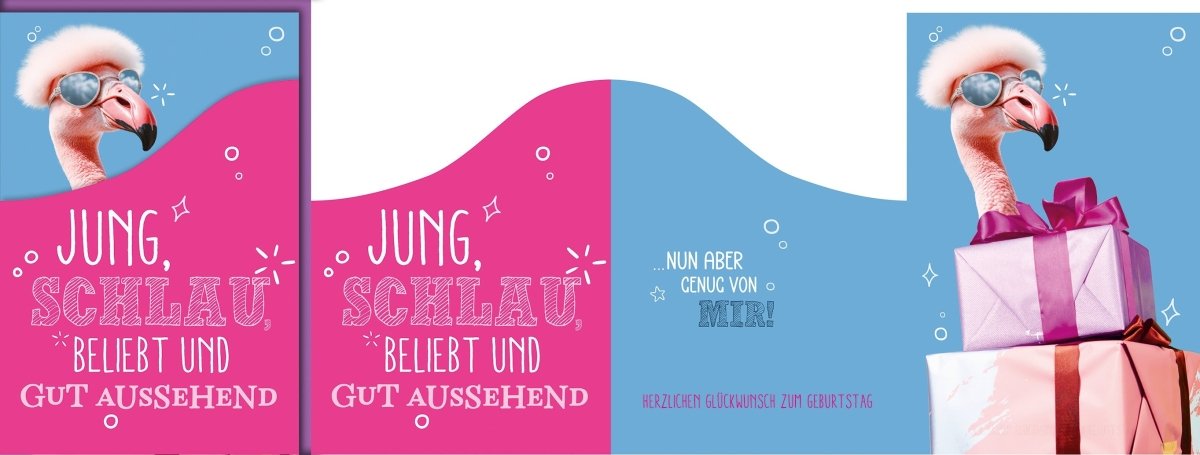Geburtstagskarte Frauen Lustig – Flamingo mit Sonnenbrille und Geschenken in Pink