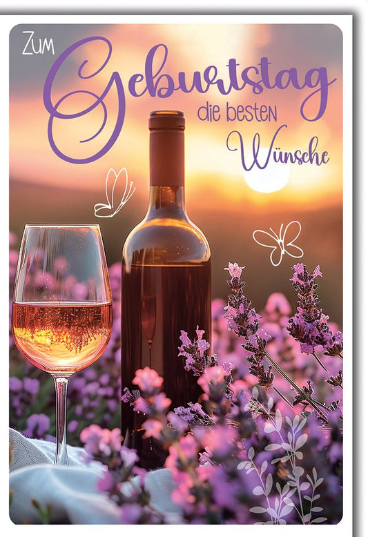 Geburtstagskarte Frauen – Weinflasche mit Lavendel und Schmetterlingen im Sonnenuntergang