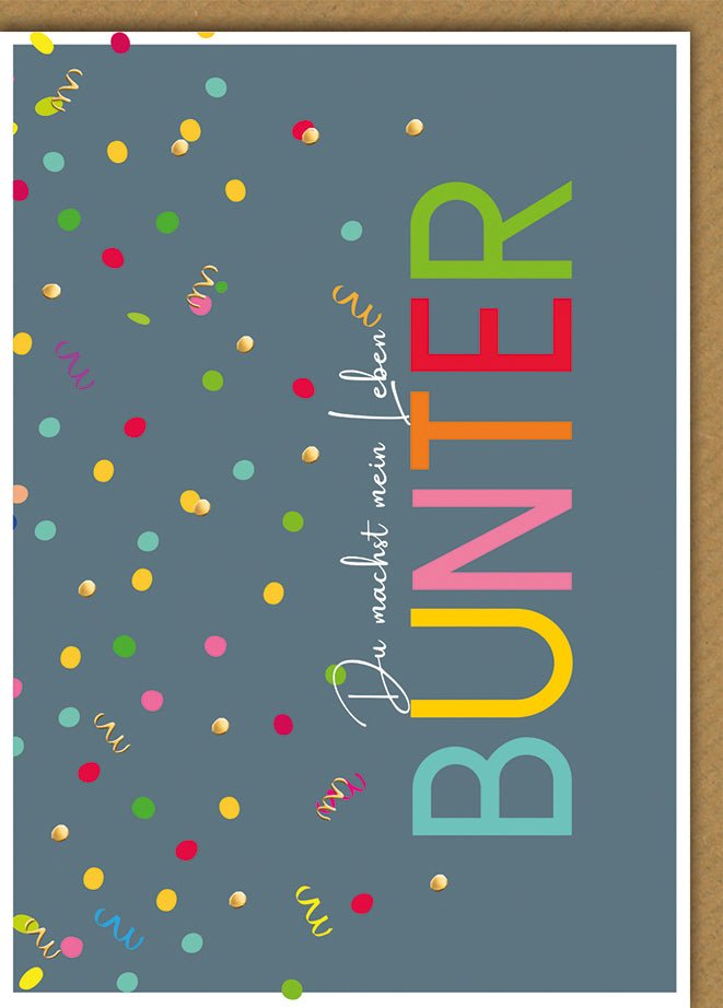 Geburtstagskarte Freundschaft – Bunte Konfetti auf Blau mit Regenbogen - Schriftzug