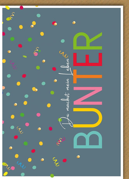 Geburtstagskarte Freundschaft – Bunte Konfetti auf Blau mit Regenbogen - Schriftzug