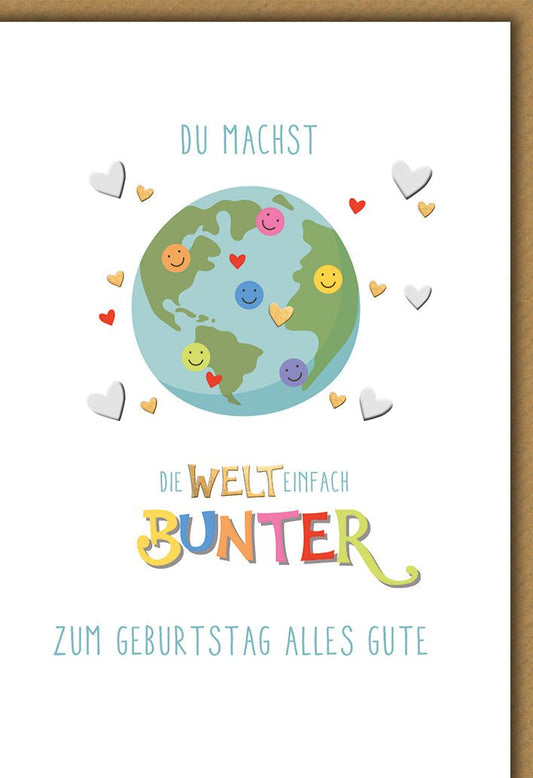 Geburtstagskarte Freundschaft – Bunte Weltkugel mit Herz - Symbolen und fröhlichem Design