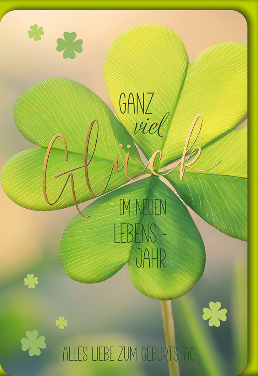 Geburtstagskarte Viel Glück – Grünes Kleeblatt mit Goldschrift und Naturmotiv