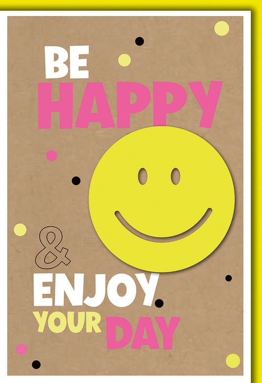 Geburtstagskarte Fröhlich – Gelber Smiley auf Kraftpapier mit bunten Punkten