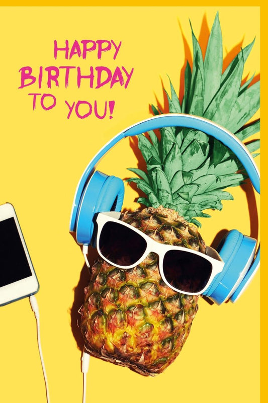 Geburtstagskarte – Fröhliche Ananas mit Musik und Sonnenbrille, Gelbes Hipster - Design für Partyspaß