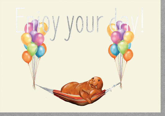 Geburtstagskarte - Fröhliche Bären - Illustration mit Luftballons und Hängematte, "Enjoy Your Day"