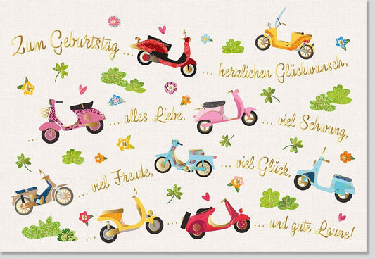 Geburtstagskarte - Fröhliche Glückwünsche mit Roller, Bunte Karte voller Liebe & Schwung für einen festlichen Geburtstag