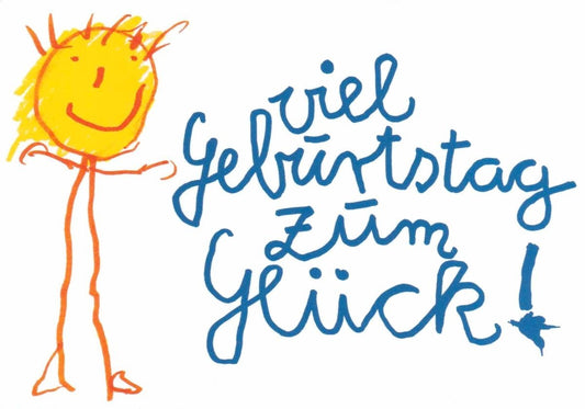Geburtstagskarte - Fröhliche Kinderzeichnung in Sonnengelb & Blau, Kreative Glückwünsche, Unisex Design mit Persönlicher Note, Ideal zum Feiern