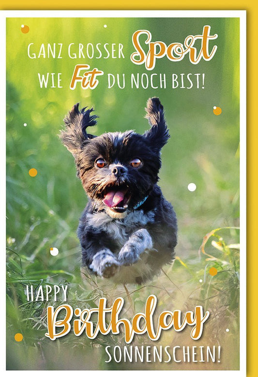 Geburtstagskarte - Fröhlicher Hund beim Sport, Fitness & Natur, mit Sonnenschein & Freude