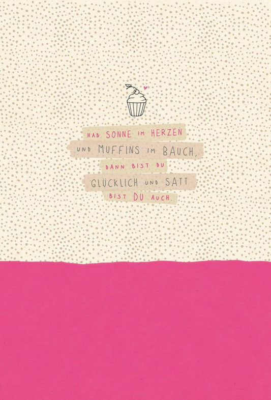 Geburtstagskarte – Fröhlicher Muffin mit Herz: Nachhaltige Postkarte aus Zuckerrohrpapier, Rosa & Beige Design