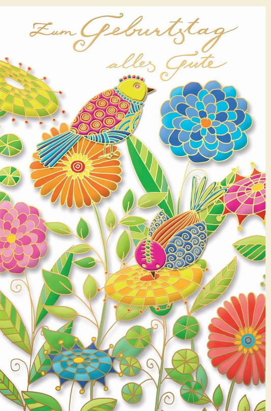 Geburtstagskarte - Fröhliches Vogel - und Blumendesign, Edle Glückwunschkarte für Feierlichkeiten, Hochwertige "Happy Birthday" Geschenkkarte