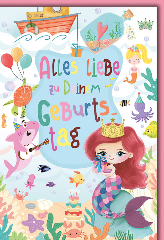 Geburtstagskarte Kinder – Meerjungfrau mit Tieren und buntem Unterwasserwelt-Design