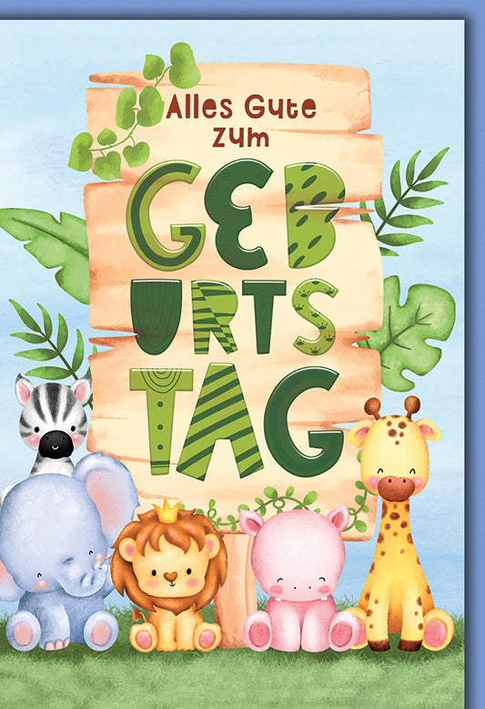 Geburtstagskarte Kinder – Safari-Tiere mit Zebra, Elefant und Giraffe in Pastellfarben