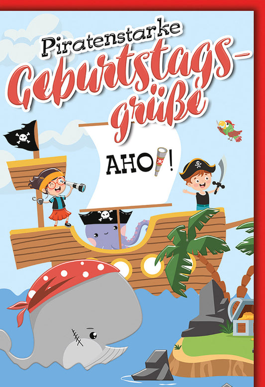 Geburtstagskarte Kinder – Piratenschiff mit Wal und fröhlichen Piraten-Illustrationen