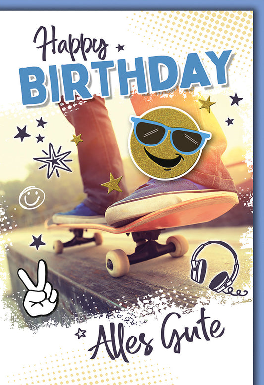 Geburtstagskarte Kinder – Skateboard Emoji mit Sonnenbrille und coolem Design