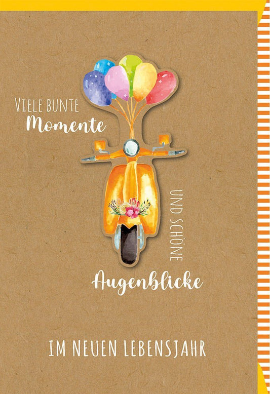 Geburtstagskarte für Erwachsene & Jugendliche - Fröhliche Karte mit Roller, Luftballons & Blumen in Orange, Gelb & Braun - Perfekt für Frauen und Männer