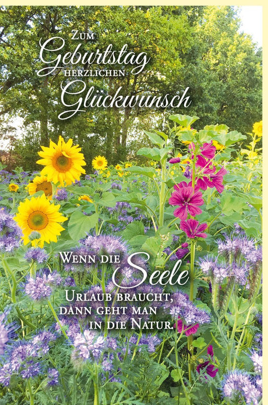 Geburtstagskarte für Erwachsene & Senioren - Sonnenblumen im Sommerfeld, Naturmotiv & Spruch für Seelenfrieden in Grün & Gelb