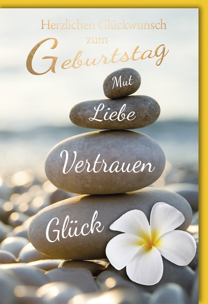 Geburtstagskarte für Erwachsene & Senioren: Steinmotiv mit Symbolen für Mut, Liebe & Glück - Naturdesign in Beige & Braun
