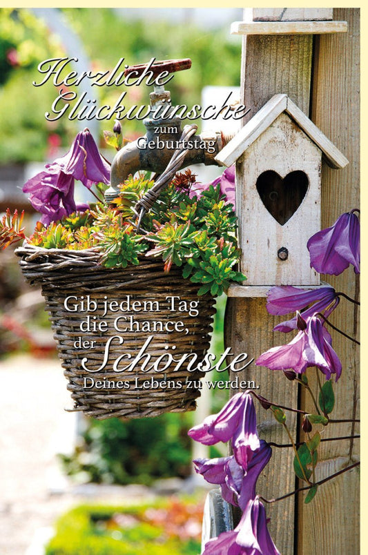 Geburtstagskarte für Erwachsene - Sommerliches Vogelhaus & Blumenkorb Design in Lila & Grün, Idyllische Gartenszenerie für Frauen