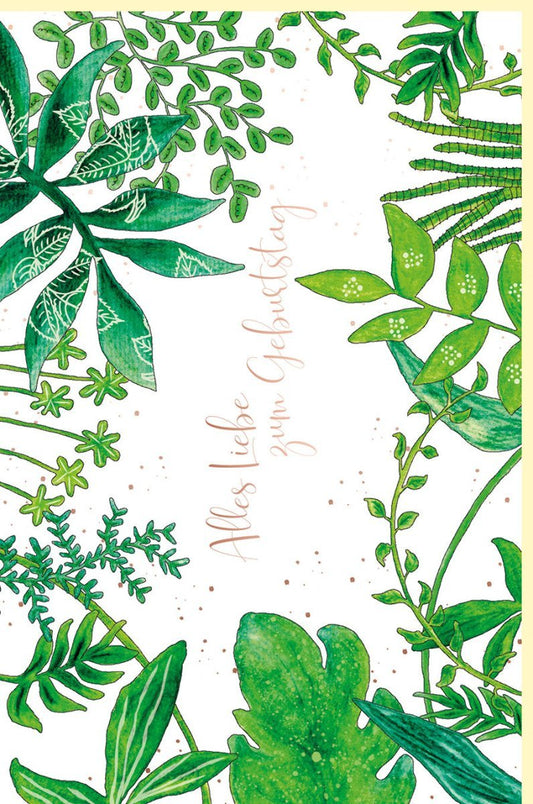 Geburtstagskarte für Erwachsene - Stilvolles Flora - Design auf Naturkarton mit Roségold - Metallicfolie und edlen Grün - Tönen