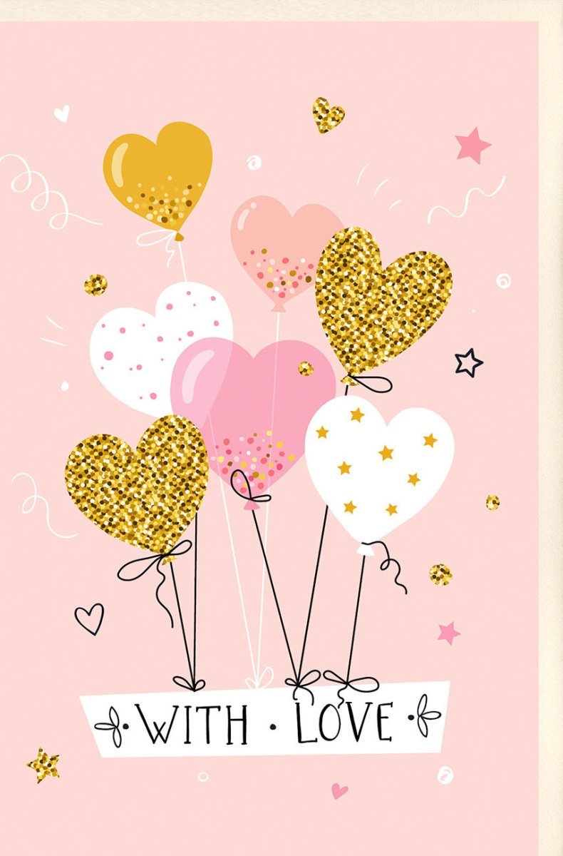 Geburtstagskarte für Frauen - Elegante Herz - und Ballonmotive in Rosa & Gold, Charmante Glückwünsche