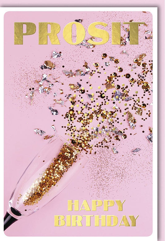 Geburtstagskarte für Frauen - Glamouröse Glitzerkarte mit Champagner Motiv, Pink - Goldenes Happy Birthday Design