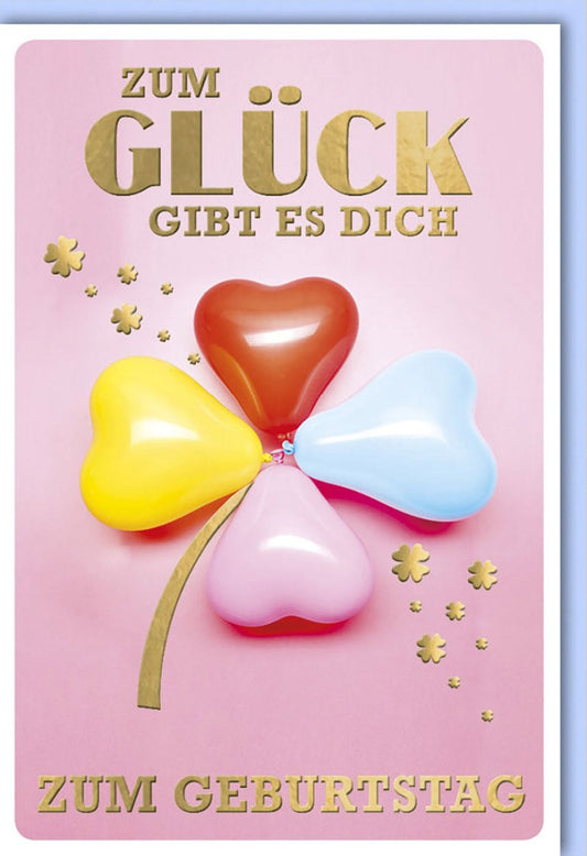 Geburtstagskarte für Frauen: Herzballons & Kleeblatt, Liebevolle Glückwünsche