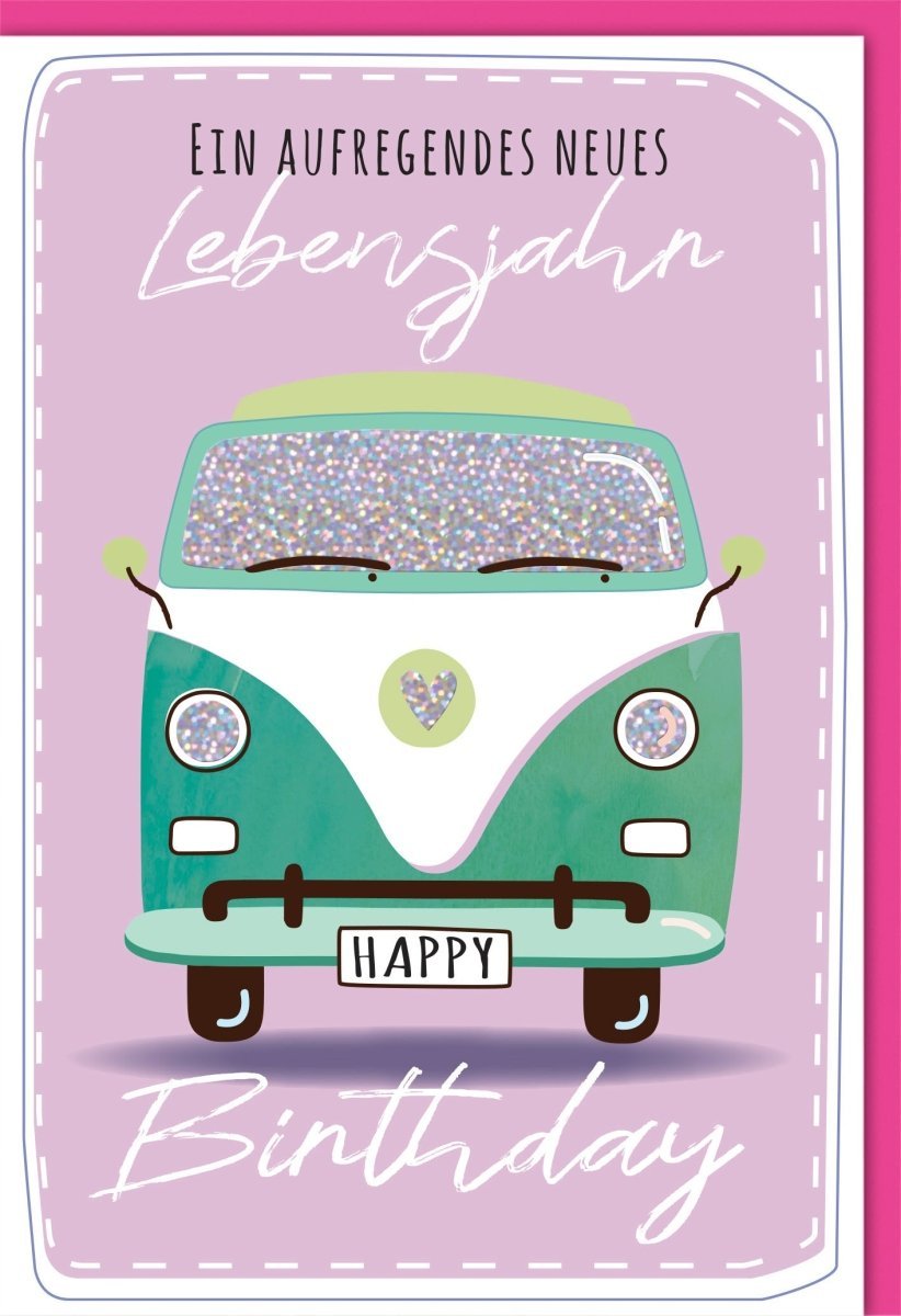 Geburtstagskarte für Frauen - Lila Vintage Auto mit Glitzer, Retro Design, Happy Birthday Karte, Perfekt als Geschenk zum Jubiläum