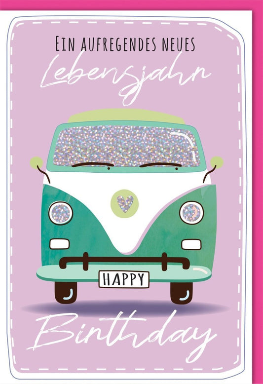 Geburtstagskarte für Frauen - Lila Vintage Auto mit Glitzer, Retro Design, Happy Birthday Karte, Perfekt als Geschenk zum Jubiläum