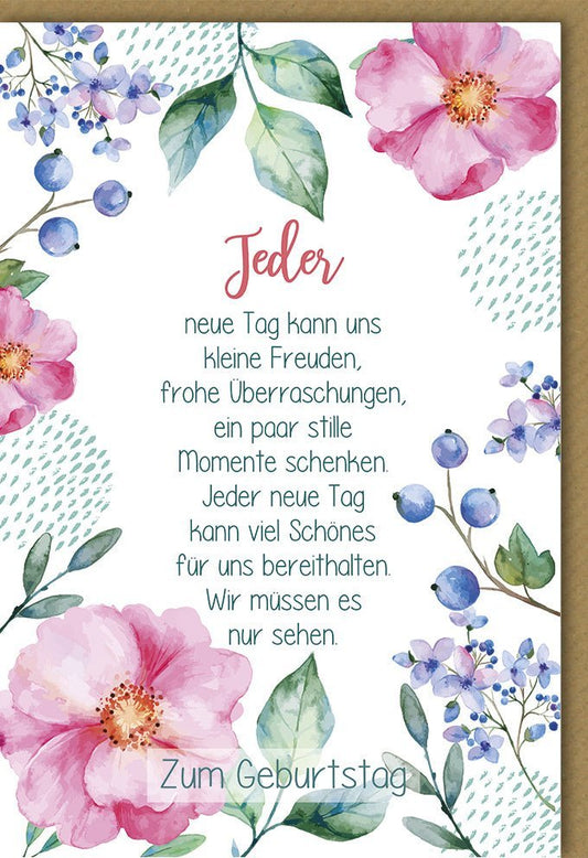 Geburtstagskarte für Frauen: Pastellfarbenes Blumenmuster & inspirierender Spruch "Kleine Freuden & Herz Offenhalten", Beige Hintergrund