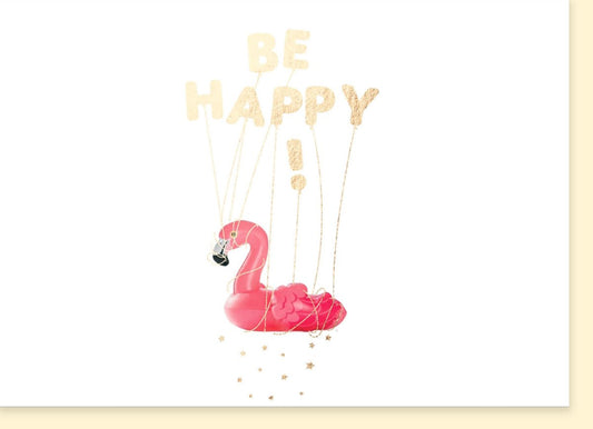 Geburtstagskarte für Frauen - Rosa & Gold Flamingo "Be Happy" mit Luftballons und stilvoller Dekoration