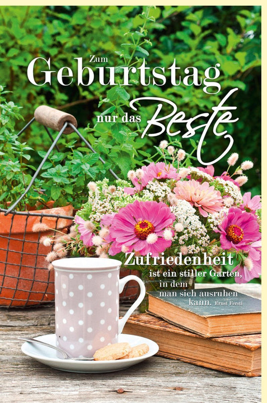 Geburtstagskarte für Frauen - Sommerliche Gartenidylle mit Blumen, Tisch & Bücher in Grün - Rosa Tönen, Natürliche Glückwünsche für Erwachsene