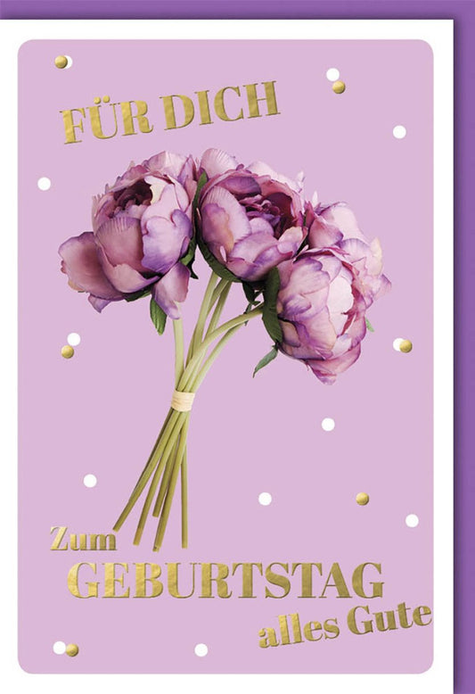 Geburtstagskarte für Frauen: Stilvolle Pfingstrosen & Lila Blüten, Moderne Schriftzüge - Herzliche Glückwünsche