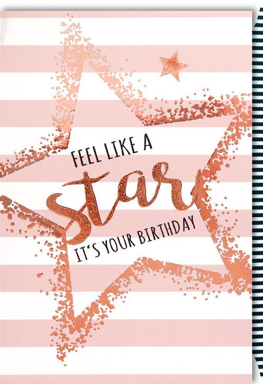 Geburtstagskarte für Frauen - Stilvolle Rosa Streifen mit Glitzersternen, Elegante Happy Birthday Karte