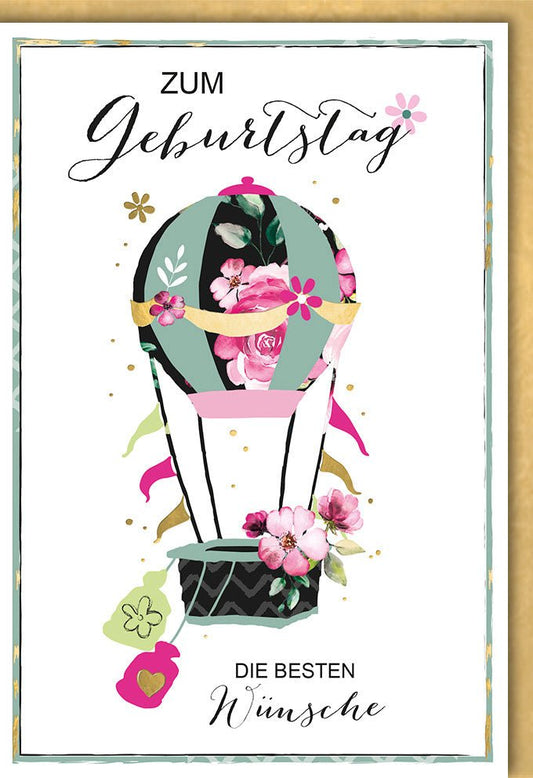 Geburtstagskarte für Frauen - Stilvolles Blumen - und Ballondesign in Rosa und Grün für besondere Glückwünsche