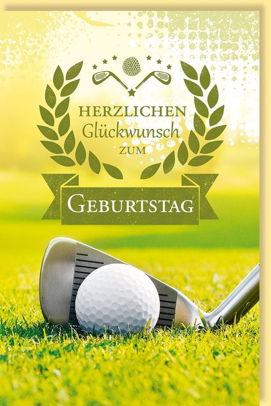 Geburtstagskarte für Golfer: Stilvolle Karte mit Golfschläger, Ball und Lorbeerkranz in Grün