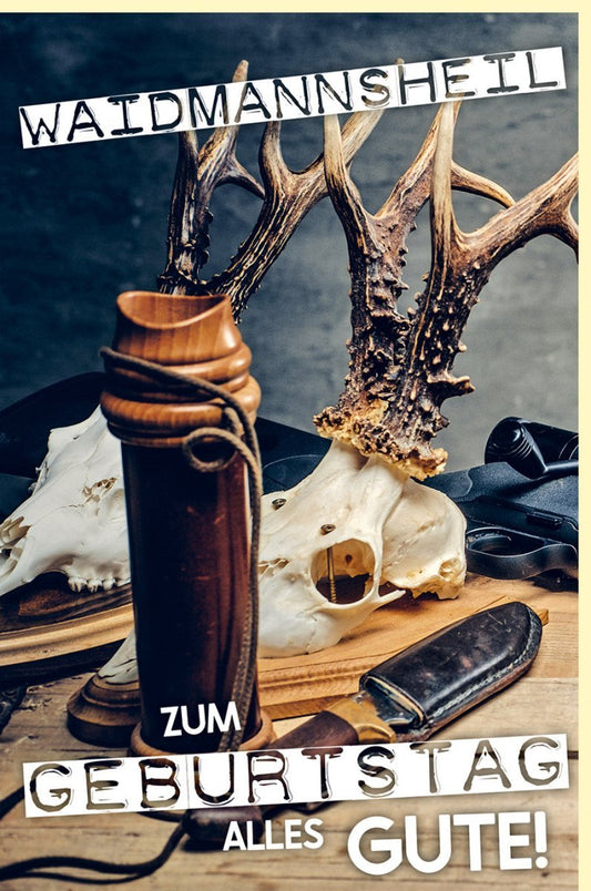 Geburtstagskarte für Jäger - Stilvolle Grüße mit Hirschgeweih & Jagdhorn, Naturdesign in Grün/Braun für Outdoor - Fans und Waldliebhaber
