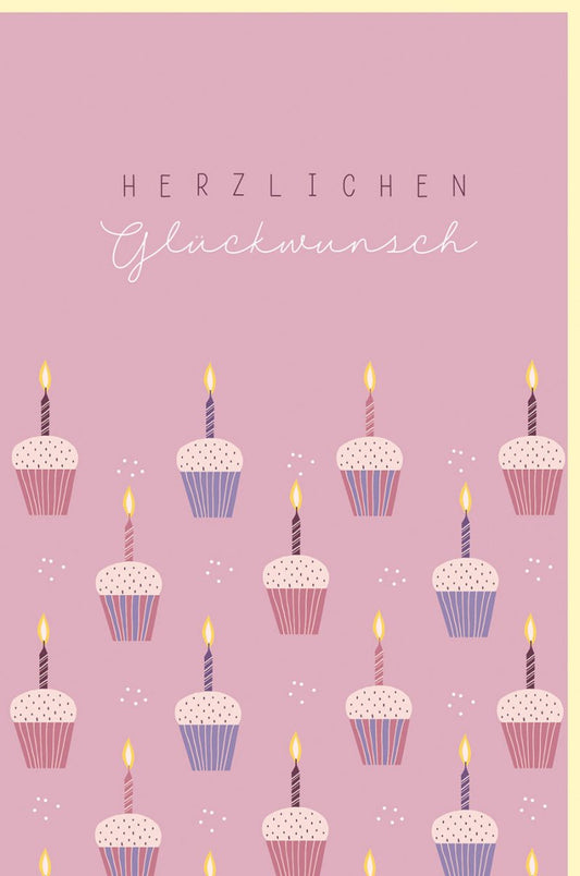 Geburtstagskarte für Kinder & Frauen - Pastell Rosa Cupcakes & Kerzen, Feierliche Glückwünsche