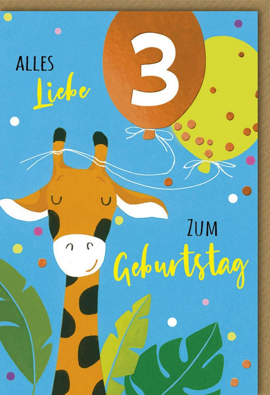 Geburtstagskarte für Kinder - Fröhliche Giraffe mit Ballons, 3. Geburtstag, Bunte Partyillustration von Galerie Dominique