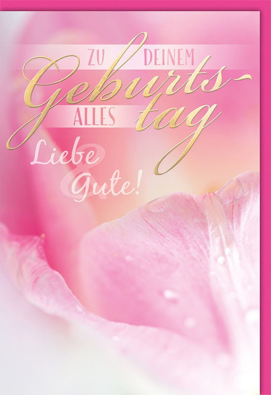 Geburtstagskarte für Kinder mit floralem Design und goldener Schrift auf rosa Hintergrund, alles Liebe und Gute zum Geburtstag