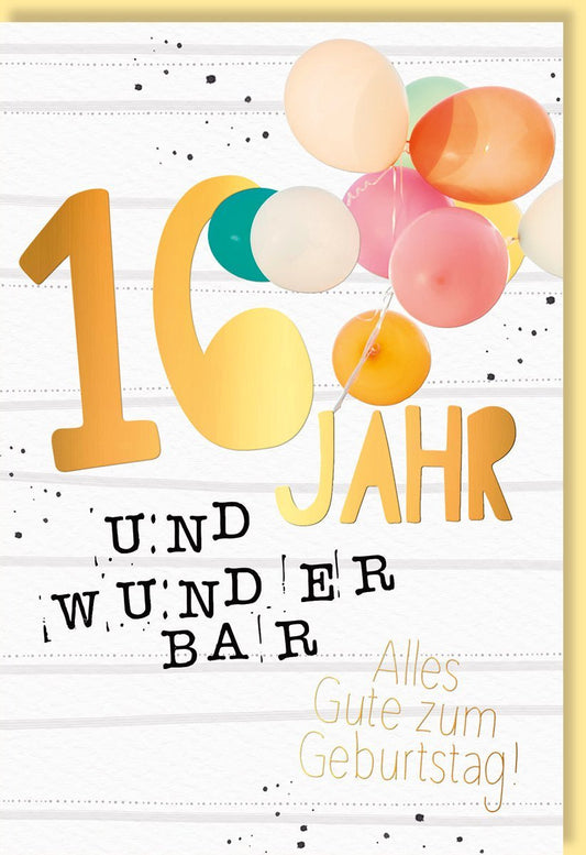 Geburtstagskarte für Kinder: Zahl 16 in Gold mit Luftballons und "Alles Gute" auf weißem Hintergrund