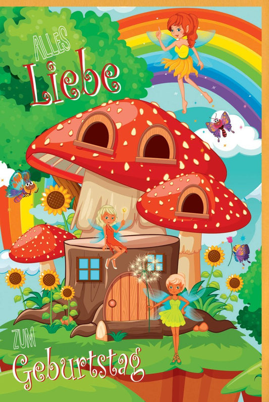 Geburtstagskarte für Mädchen - Fantasievolle Feen & Pilzhaus, Regenbogenbuntes Design, Charmante Glückwünsche
