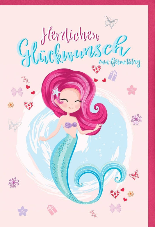 Geburtstagskarte für Mädchen - Rosa Meerjungfrau & Meerestiere mit Schmetterlingen, Fantasy Design