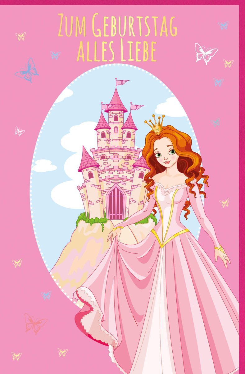 Geburtstagskarte für Mädchen – Zauberhaftes Prinzessinnen - Schloss in Rosa mit Schmetterlingen, Märchenhafte Glückwünsche