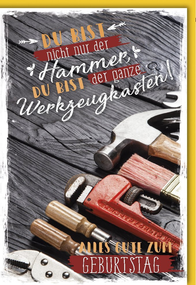 Geburtstagskarte für Männer - Humorvolle Spruchkarte mit Werkzeug - Design in Holzoptik, Perfekt für Handwerker und Vintage - Liebhaber